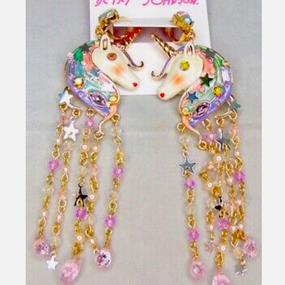 New  Betsey Johnson Unicorn Fringe Chandelier Earrings - Picture 12 of 15